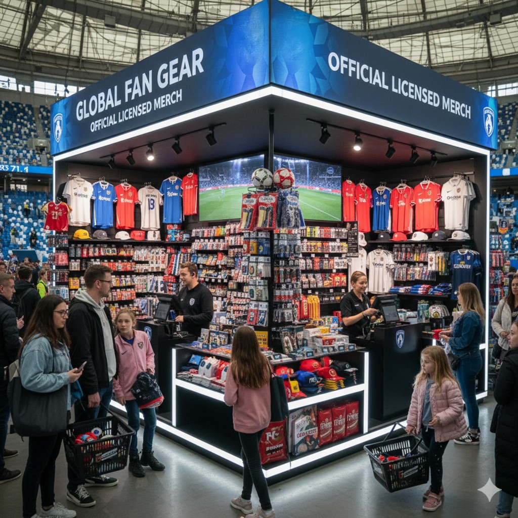Gian hàng bán đồ lưu niệm bóng đá được thiết kế chuyên nghiệp, thu hút người mua, với nhiều mẫu mã đa dạng và giá cả hợp lý.