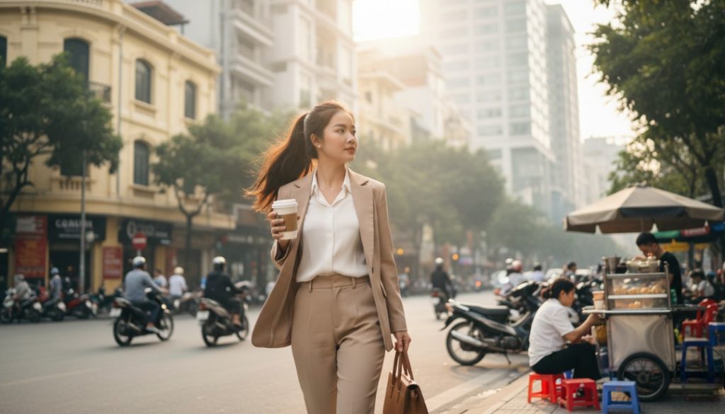 Hình ảnh người Việt hiện đại tận hưởng ly cà phê mang đi – biểu tượng của phong cách sống tiện lợi và năng động giữa nhịp sống thành thị.