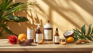 “Ảnh đại diện cho bài viết về hành trình xây dựng thương hiệu mỹ phẩm thiên nhiên của việt nam Bối cảnh gồm các sản phẩm mỹ phẩm tự nhiên (serum, kem dưỡng, dầu gội, tinh dầu) được sắp xếp tinh t