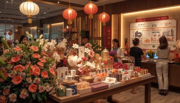 Một khung cảnh Tết Việt Nam rực rỡ và hiện đại, thể hiện tinh thần kinh doanh sôi động_ quầy hoa tươi đầy sắc màu (hoa đào, mai, ly, lan), bên cạnh là bàn trưng bày các giỏ quà Tết sang trọng, ba