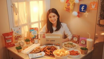 Một người trẻ Việt Nam (nam hoặc nữ) đang ngồi trong căn bếp nhỏ hoặc góc nhà, xung quanh là các nguyên liệu làm đồ ăn vặt như khô gà, bánh tráng, snack, trà sữa mini. Trên bàn có laptop hoặc điệ