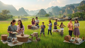 Tourists and local people in Vietnam enjoying immersive cultural experiences — cooking traditional dishes, crafting pottery, cycling through rice fields — while using mobile apps or AR glasses to