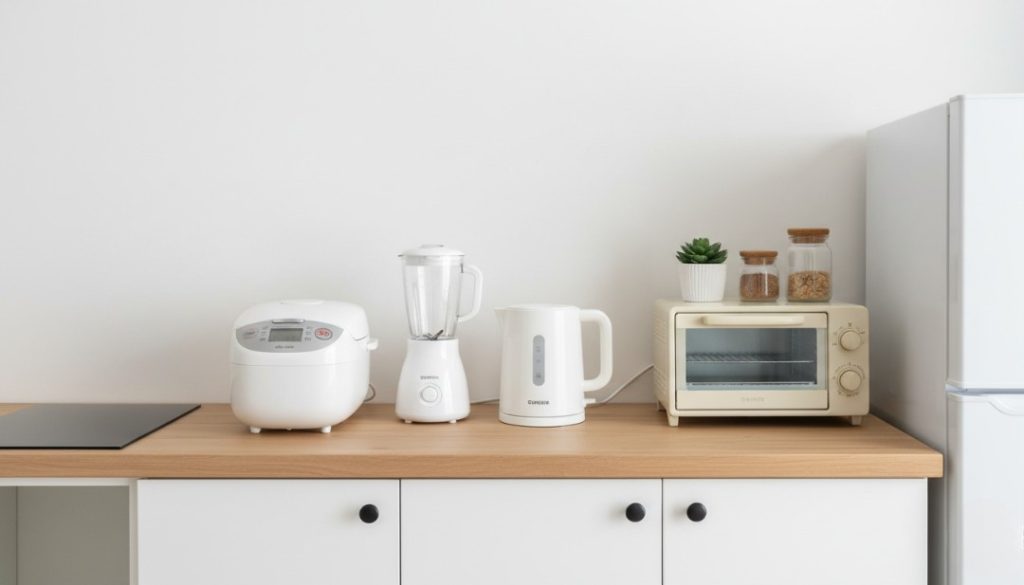 Không gian bếp hiện đại với các thiết bị gia dụng mini – biểu tượng cho lối sống tiện nghi, tối giản của giới trẻ thành thị.