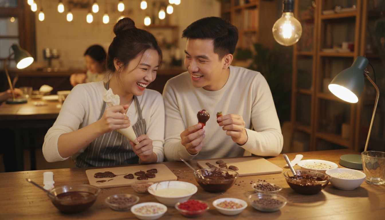 Hình ảnh cặp đôi trẻ đang tham gia workshop làm socola Hình ảnh cặp đôi trẻ đang tham gia workshop làm socola