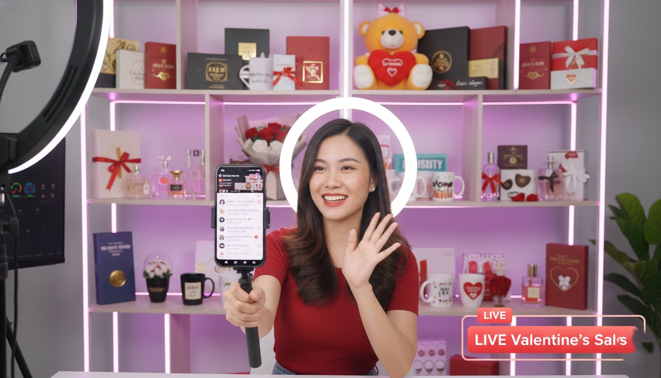 Hình ảnh một chủ shop livestream bán quà Valentine Hình ảnh một chủ shop livestream bán quà Valentine
