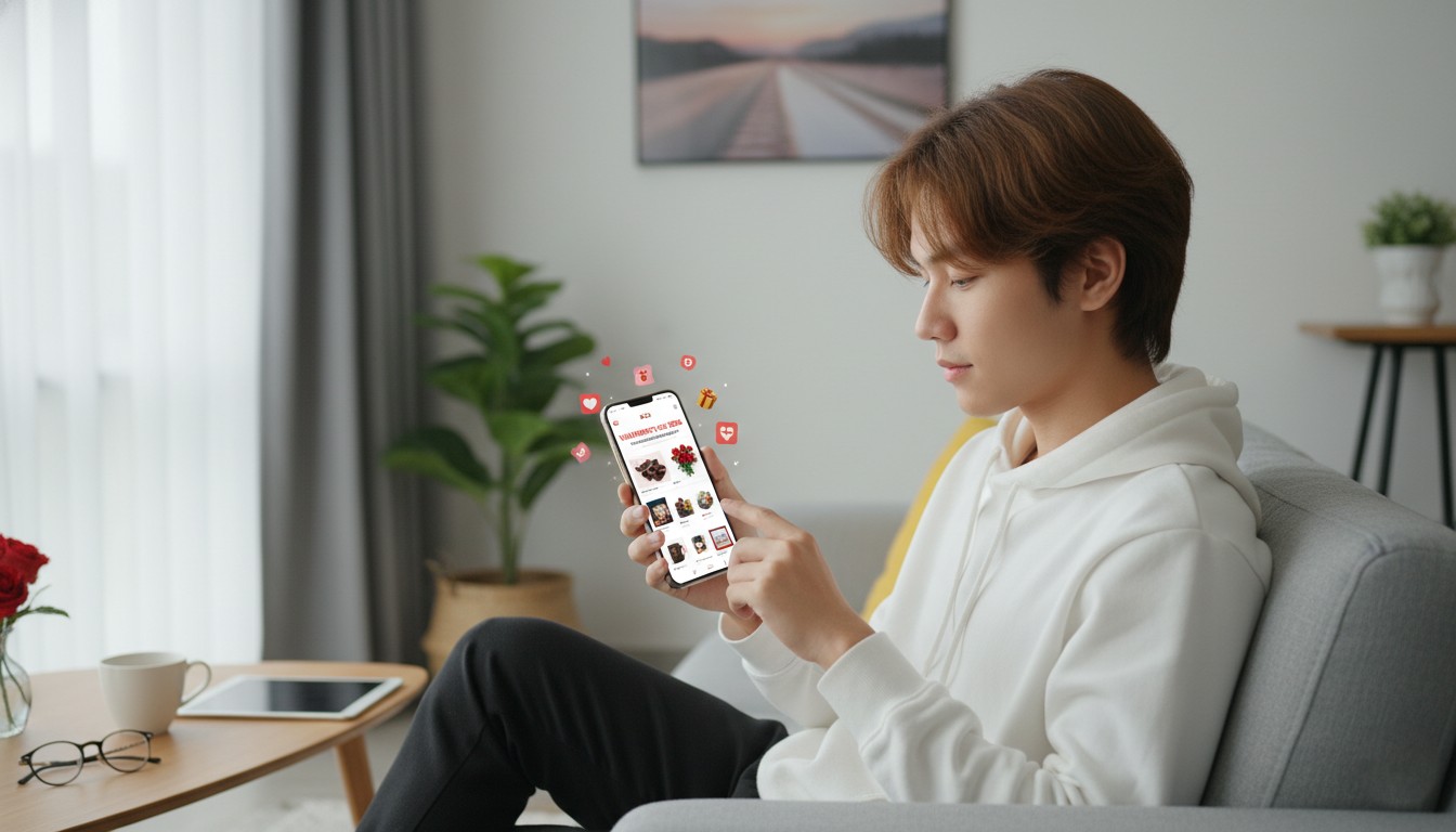 Hình ảnh một bạn trẻ Gen Z đang mua quà Valentine điện thoại Hình ảnh một bạn trẻ Gen Z đang mua quà Valentine điện thoại