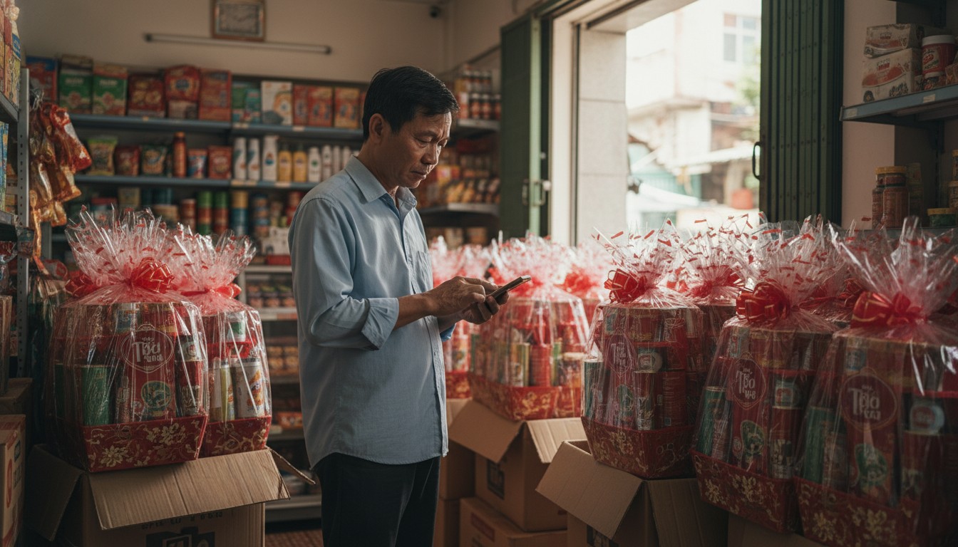 Hình ảnh một chủ cửa hàng tạp hóa nhỏ tại Việt Nam đang đứng giữa các thùng giỏ quà Tết chưa bán hết Hình ảnh một chủ cửa hàng tạp hóa nhỏ tại Việt Nam đang đứng giữa các thùng giỏ quà Tết chưa bán hết